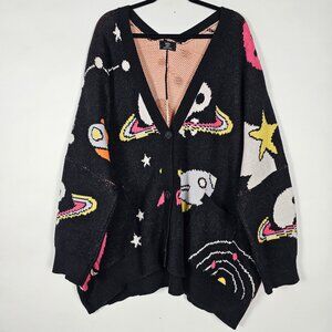 Lala Oversized Space Aliens Knit Womens L/XL Long Sleeve Black Cardigan Sweater
